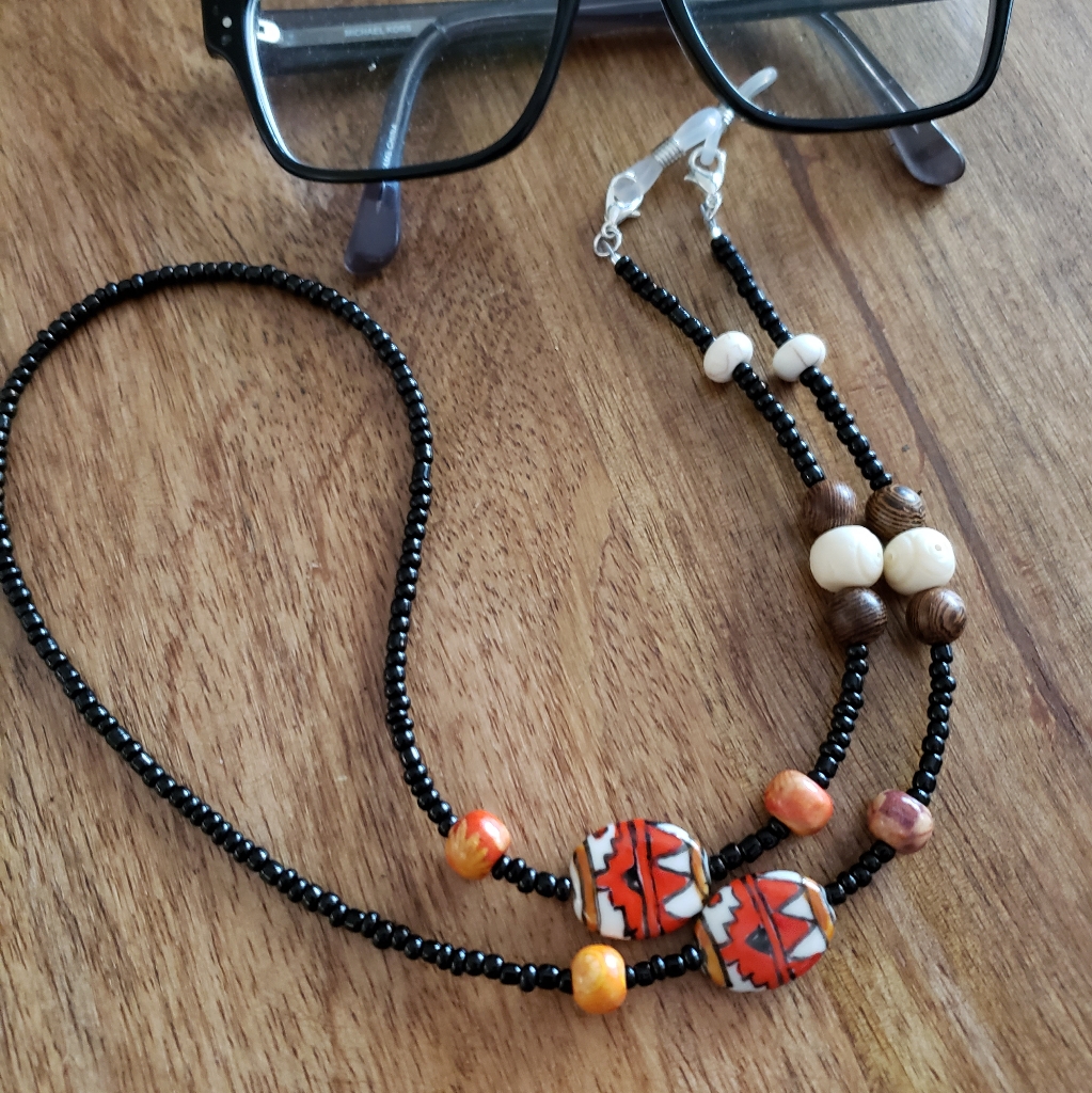 26bohpw Handmade 26" Black & Orange Hand Painted & Wood Eyeglass/Mask Chain